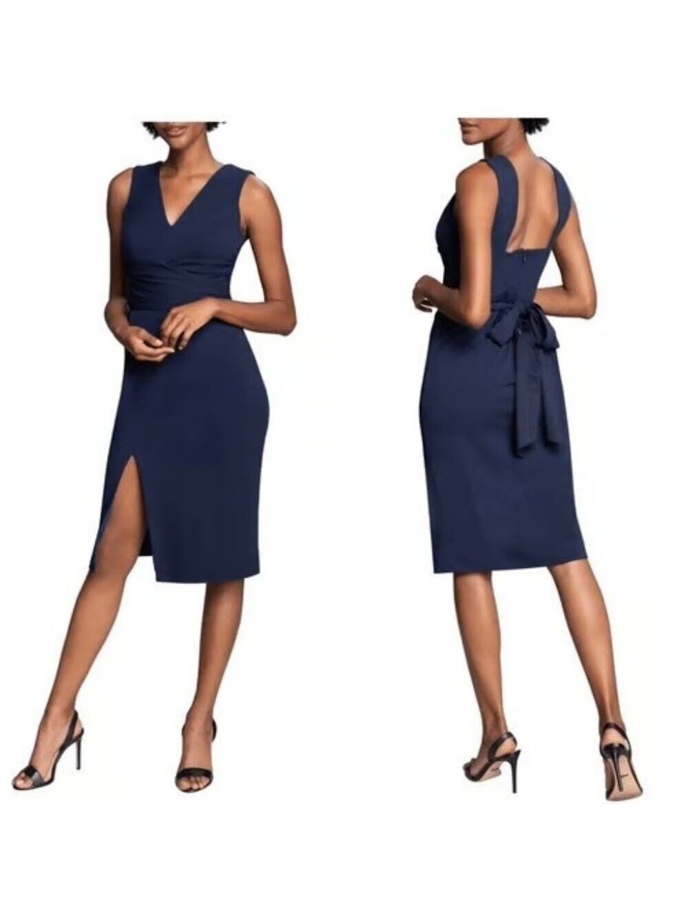 DRESS THE POPULATION Alessia Tie Waist Crepe Dress, Navy Large NWT